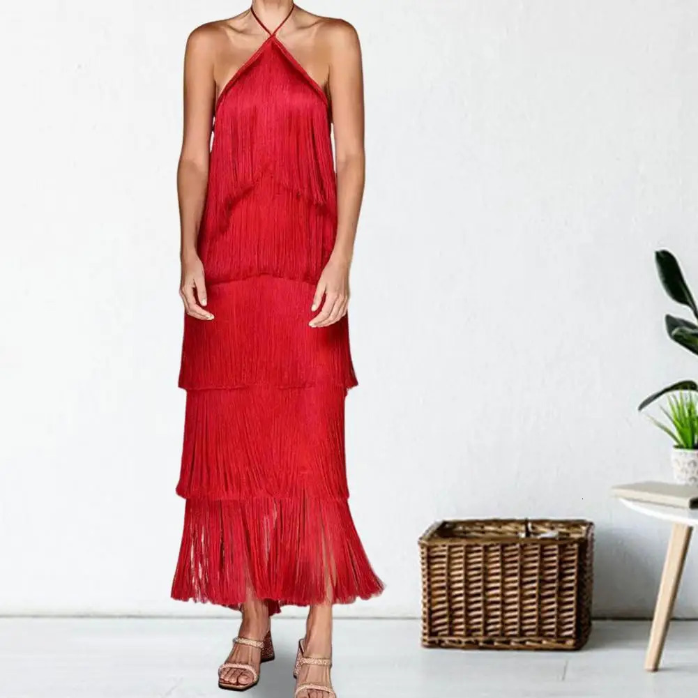 Evening Party Women Dress Off Shoulder Fringe Multi-layered Cake Hem Rumba Cha-cha Dance Competition Prom Ball Maxi Dress 241111