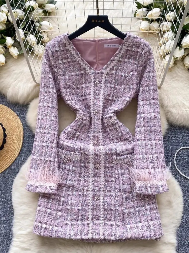 Runway Autumn Winter Mini Short Tweed Dress Women Feathers Long Sleeve Pocket Woolen Plaid Party Vestidos 241111
