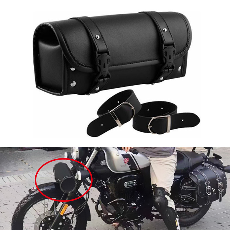 Universal Motorcycle Bag Waterproof Leather Front Fork Handlebar Toolkit Vintage Tool Roll Storage Barrel Cruiser Saddlebag