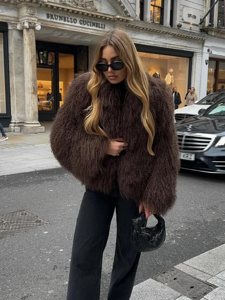 Winter Solid Fluffy Fur Coat Womens Street Collar Faux Fur Jacket Womens Casual Coat 241108