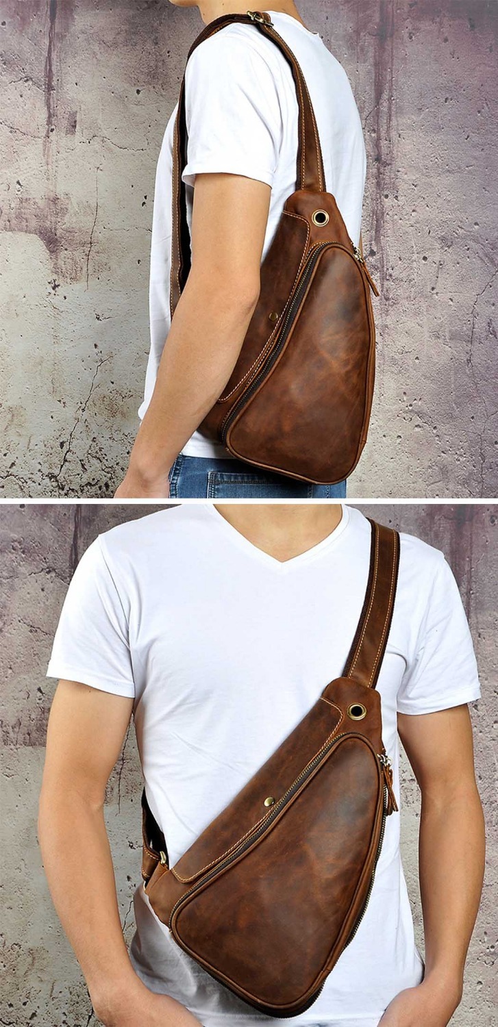 Hot Sale Men Genuine Bull Leather Waist Pack Triangle Chest Bag Sling Bag Design One Shoulder Bag Crossbody Bag For Male 9976