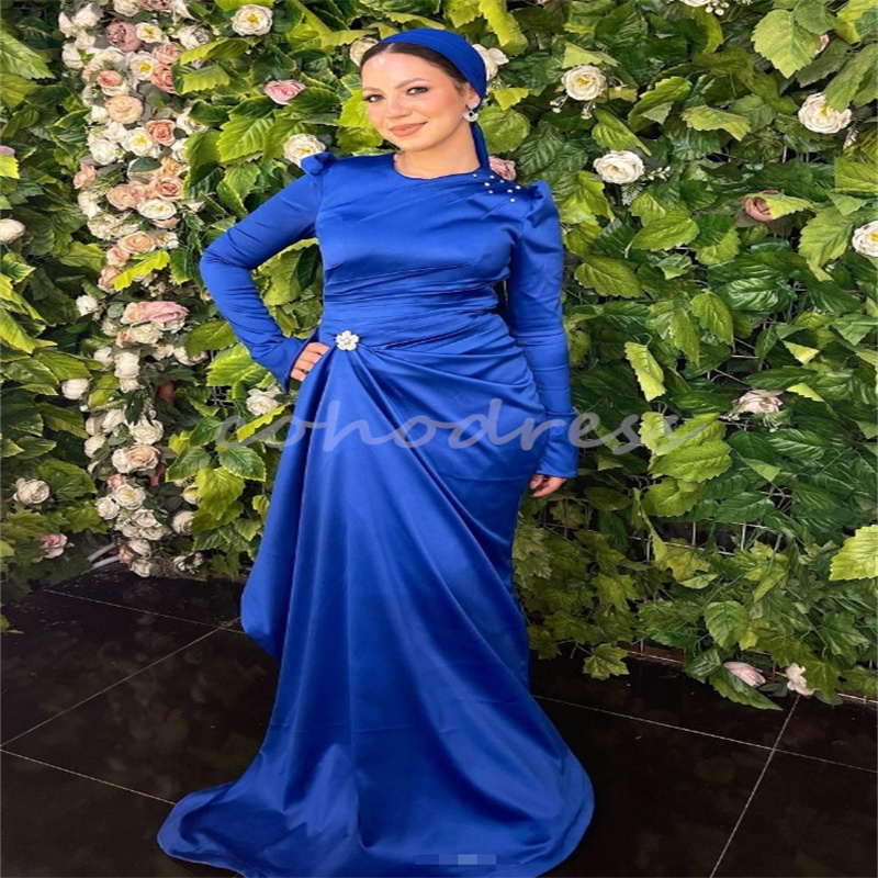 Beautiful Royal Blue Arabic Evening Dresses With Beaded Elegant Muslim Long Sleeve Prom Dress Formal Occasion Dinner Party Gowns Robe De Soiree