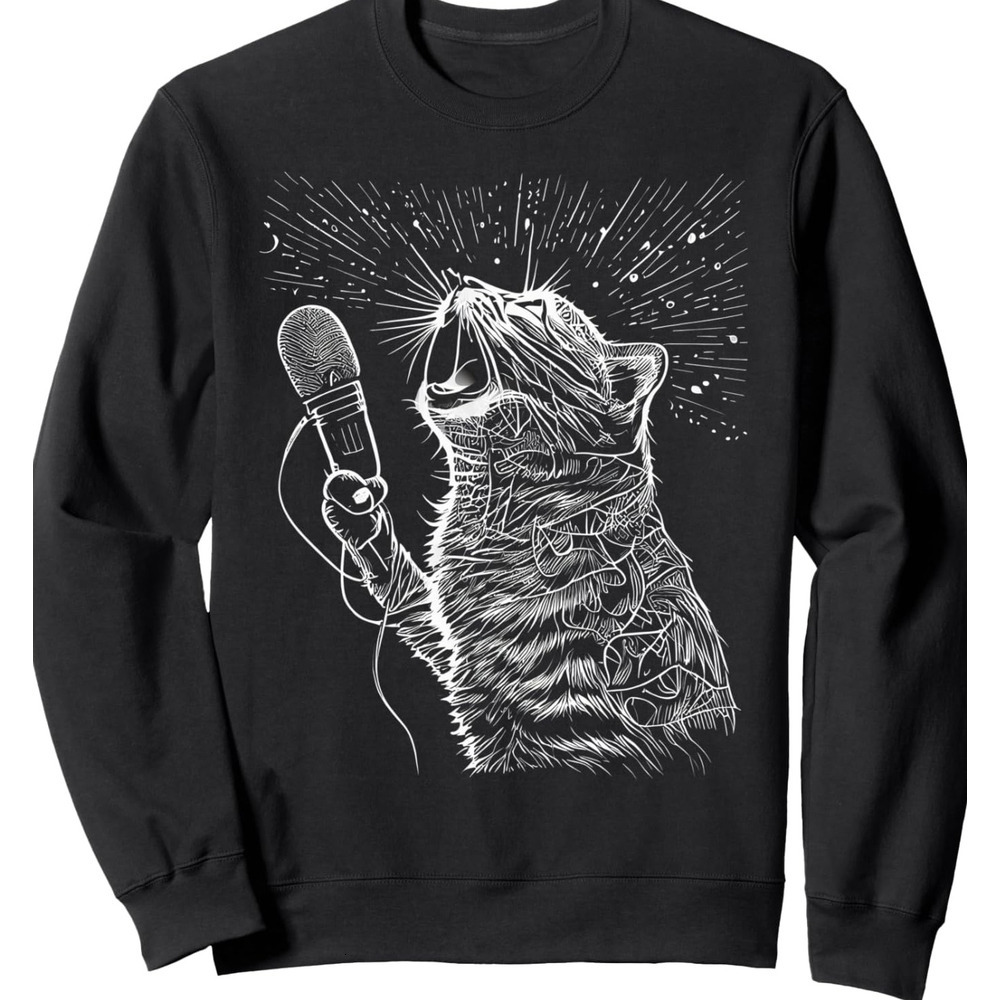 Long Sleeve Shirts for Men sweatshirt Cat Howl in Microphone Graphic Tees for Men Women Boys Girls Sweatshirt T shirt Tee Streetwear Casual tops cloth