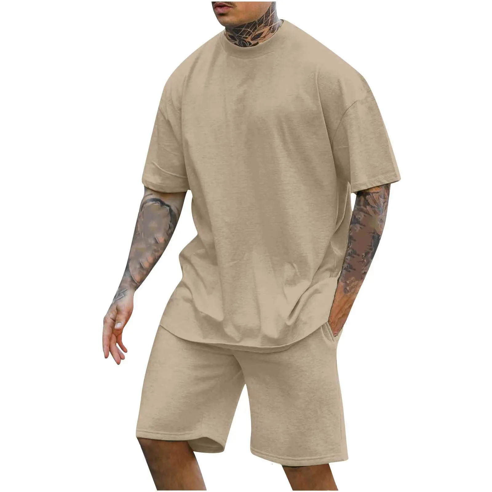 Fashion Solid Two Piece Suits Men's Short-sleeve O-Neck T-shirts And Shorts Outfits Men Summer Casual Simplicity Sets Streetwear 240402