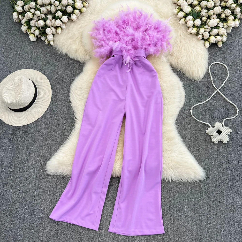 Feather Spliced Elegant Belt Jumpsuits for Women Tassels High Waist Solid Colours Straight-leg Pants Chic Skinny Femme Bodysuits