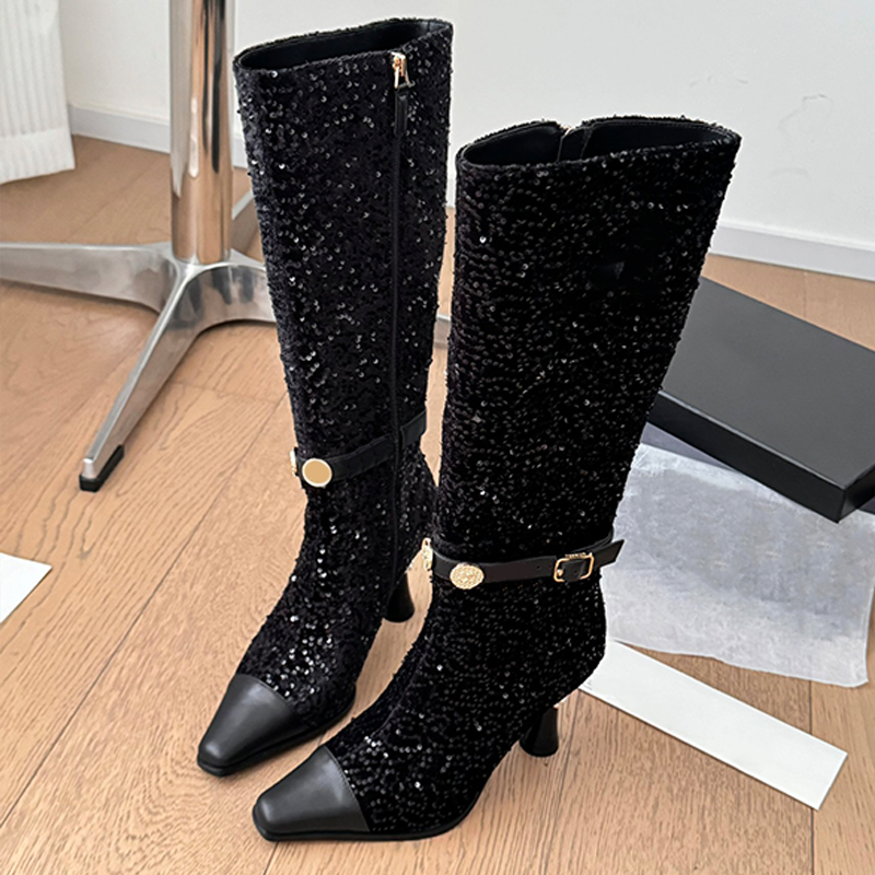 High Boots Women Designer Knee Boot Glitter High Heel Boot New Sexy Pointed Heel Long Boots Chain Fashion Leather Autumn Boots Luxury Over The Knee Lady Dress Shoes