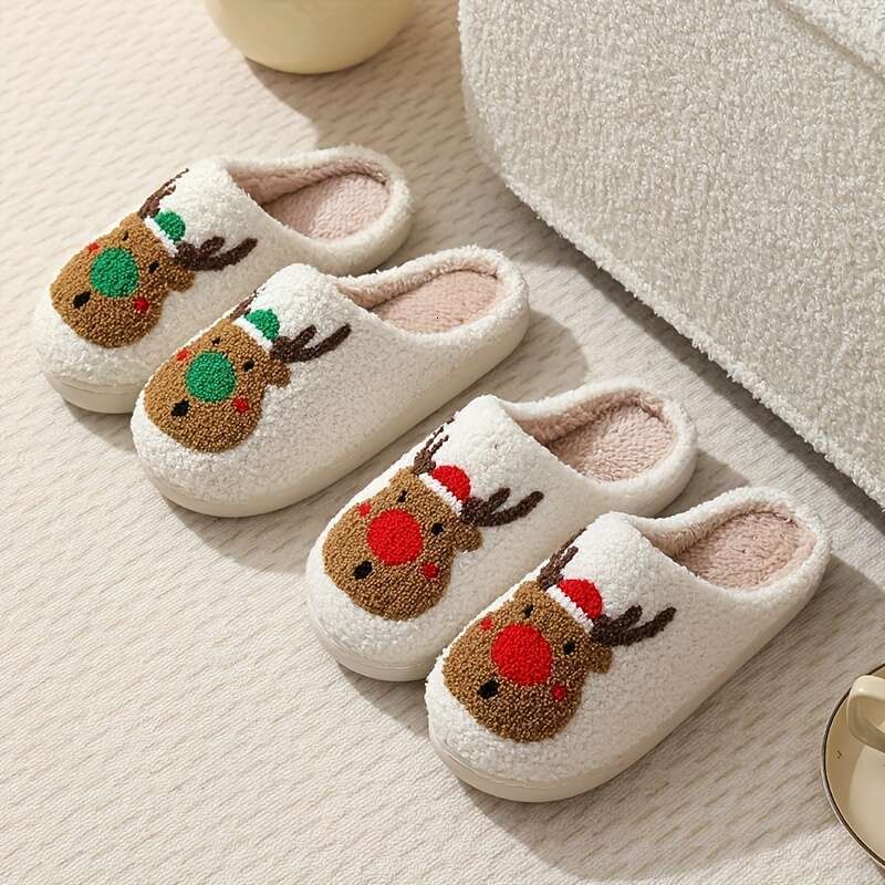 Christmas Christmas Deer Red Cartoon Indoor Soft Sole Plush ed Bedroom Cozy Shoes, Non-slip Mute Slippers, Winter & Autumn
