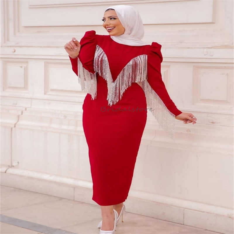 Red Evening Dress Saudi Arabic Mermaid Muslim Prom Dresses With Tassle Long Sleeve Short Cocktail Party Dress Tea Length Graduation Homecoming Birthda