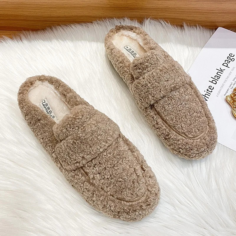 Winter Warm Plush Mules Women One Band Fur Slippers Cozy Cotton Shoes Woman Flats Cover Toe Fleeces Slides Femme Wool Pantuflas 241111