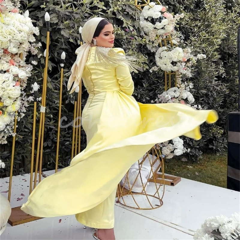 Stunning Yellow Arabic Evening Dresses With Tassle Beaded Elegant Long Sleeve Muslim Prom Dress Birthday Party Gown Amazing Vestio De Gala Cocktail We