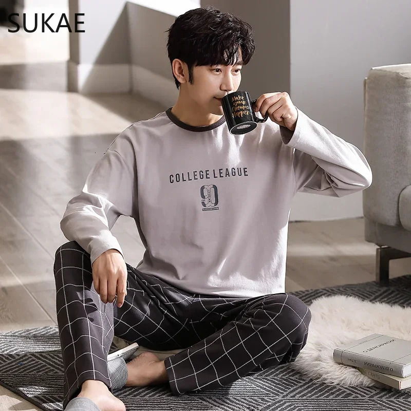 SUKAE y Navy Mens Sleepwear Autumn Winter Cotton Man Pajama Long Sleeves Homewear Gentleman L4XL Big Minimalist Pijama 241111