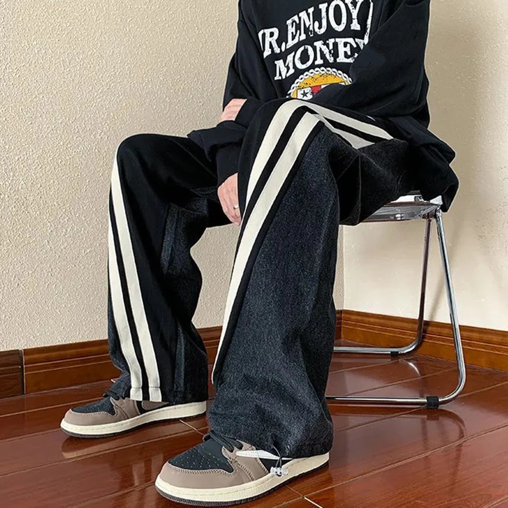 Mens Y2K Tracksuits denim drawstring casual pants street straight pants unisex fashion patchwork comparison jeans hip-hop Trousers 241108
