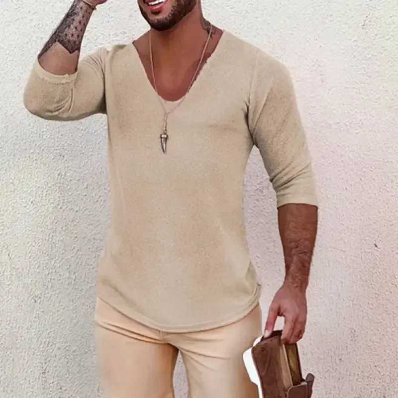 High Quality mens solid V-neck long Sve knitted plow spring and summer thin ultra-thin sweater casual mens clothing knitted top T241111
