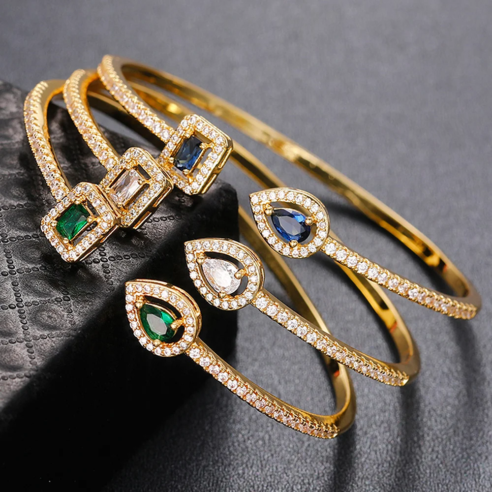 Huitan 2025 Green/White/Blue Cubic Zirconia Cuff Bracelet Bangle new for Women Good Quality Female Hand Jewelry 2022 Drop Shipping