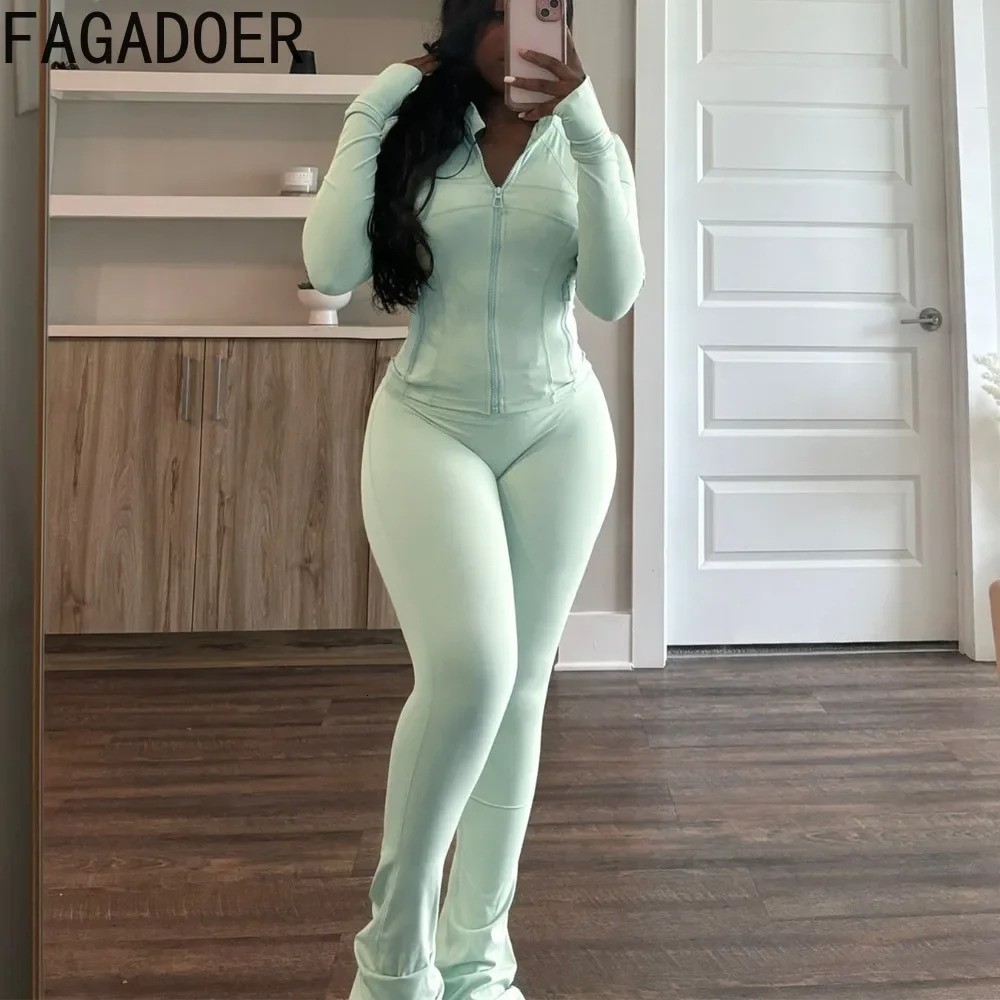 FAGADOER Solid Bodycon 2 Piece Sets Outfit Women Long Sleeve Zip Patchwork Jacket Top And Flare Pants Suits Autumn Streetwear 241111