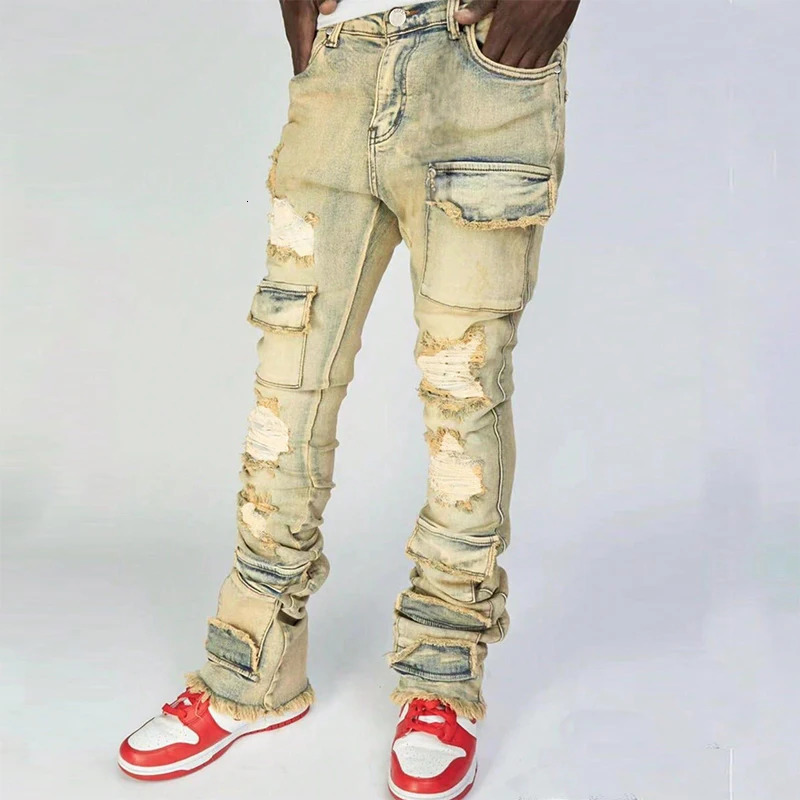 Y2K Mens Jeans Streetwear Spring Fall Vintage Ripped Patchwork Pockets Cargo Jean Men Stylish Slim Fit Pleated Solid Denim Pants 241111