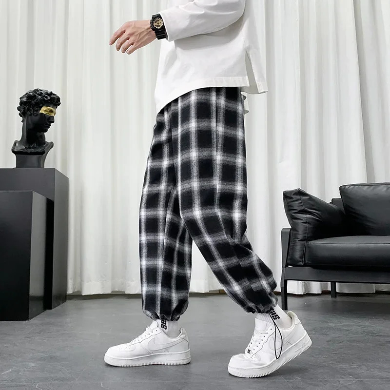 Mens Plaid Pants Summer Cotton Casual Losse Hip Hop Baggy Sweatpants Fashion Streetwear Korean Style Harem 240411 - view 5