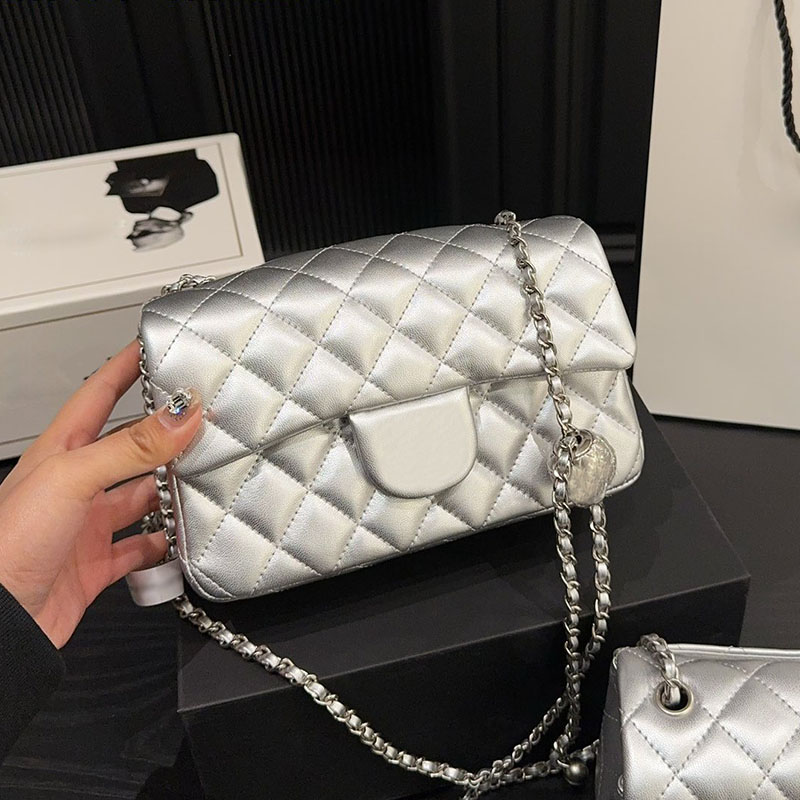 Shiny Leather Women Designer All Silver Shoulder Bag Classic Flap Quilted Two Size Metal Ball Adjustable Matelasse Chain Luxury Wallet Cross Body Handbag 20x14cm