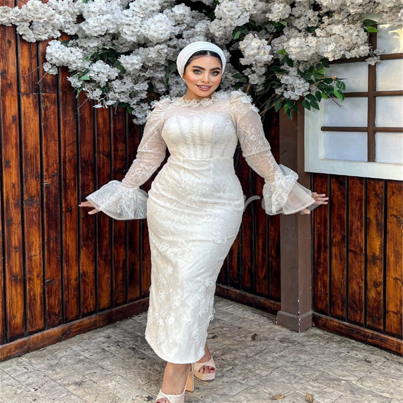 Stunning Saudi Arabic Wedding Dresses With Flowers Elegant Lace Mermaid Gatsby Bridal Gown Long Sleeve Turkish Vestio De Novia Charming Short Bride Dr