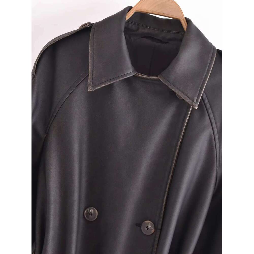 shanshi leather jacket women Fashionable French style women's clothing with vintage washed faux leather buckle long windbreaker belt