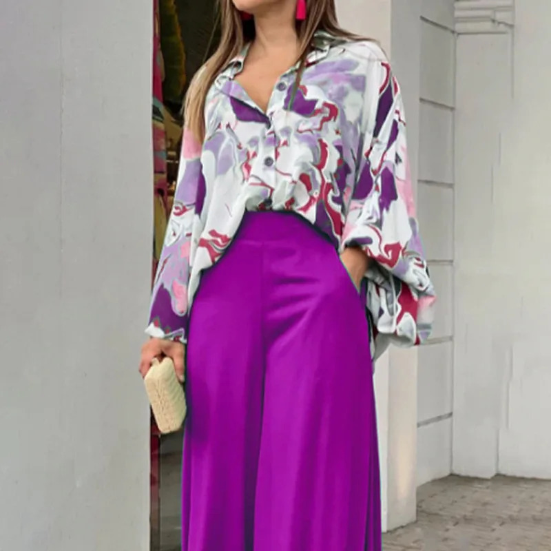 Plus Size Print Womens Set Long Sleeve Shirt Tops and Straight Wide Leg Pants Elegant Tracksuit Two 2 Piece Fitness Outfits 240329