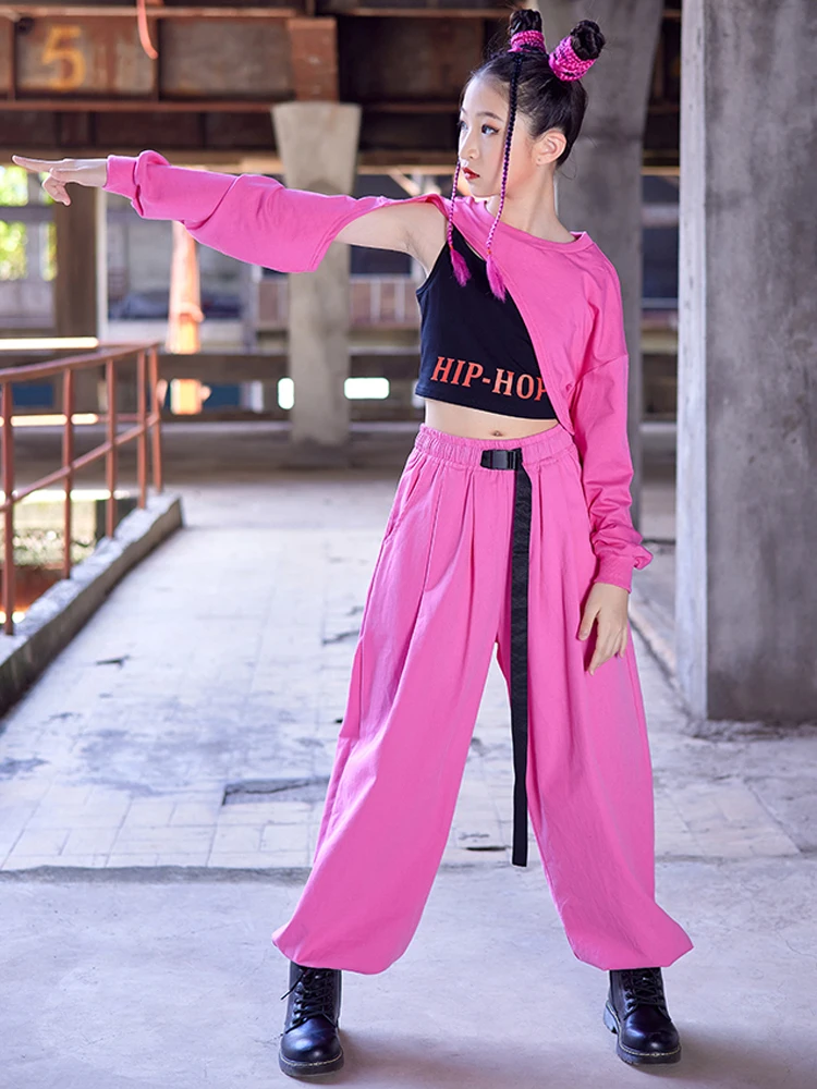 2022 Jazz Dance Costume For Girls Crop Tops Pants Pink Kpop Hip-Hop Performance Outfits Kids Hip Hop Clothing Stage Wear BL9495