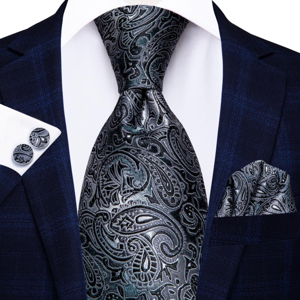Hi-Tie Designer Black Grey Paisley 63inch Silk Men Tie Extra Long Ties for Men Woven Classic 160cm Men Necktie Pocket Square Set