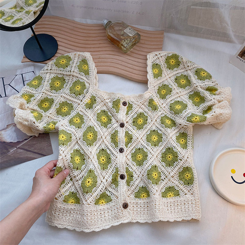 Vintage Flower Crochet Crop Top Casual Women Knitting Short Sleeve Embroidery T-Shirt Cute Elegant Square Collar Blouse P751