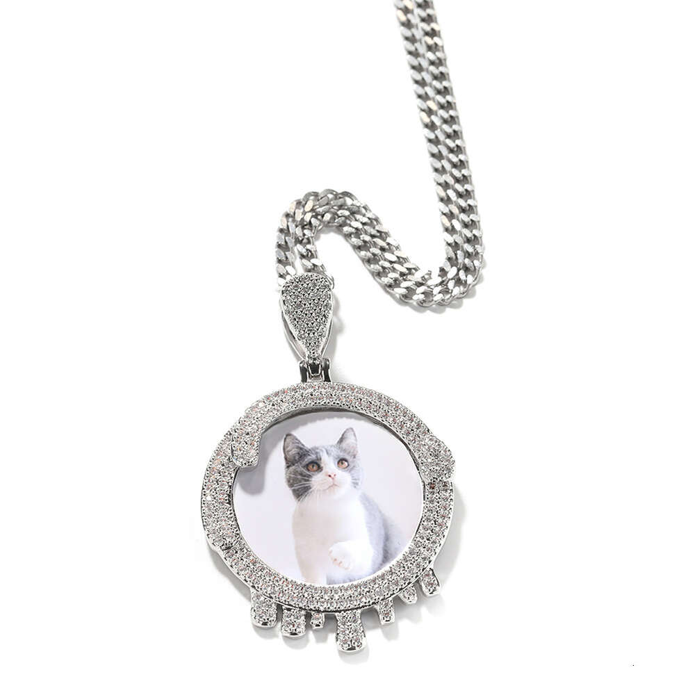 Top Quality Hip Hop Gold Round Water Drop Diy Photo Pendant Neckjlace For Men And Women Custom Photo Unisex Copper Diamond Memorial Frame Couple Jewel