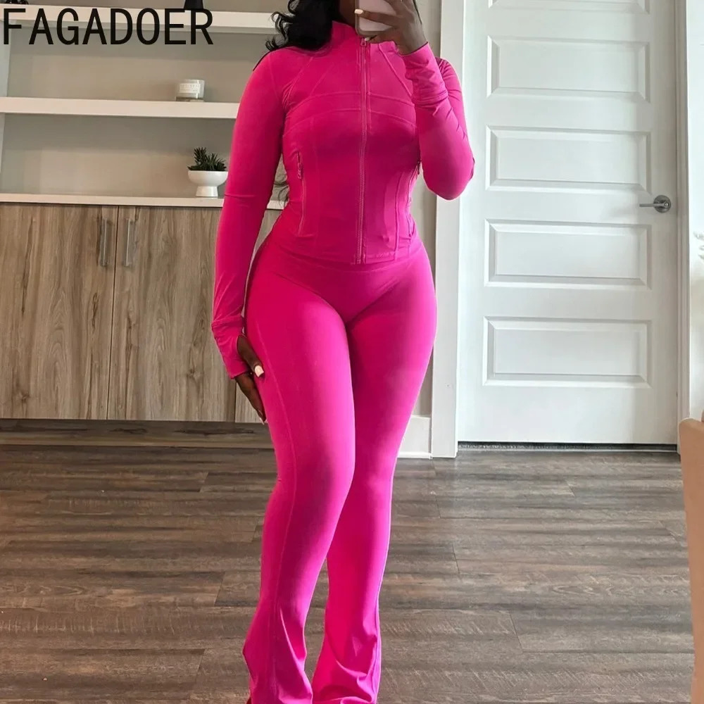 FAGADOER Solid Bodycon 2 Piece Sets Outfit Women Long Sleeve Zip Patchwork Jacket Top And Flare Pants Suits Autumn Streetwear 241111