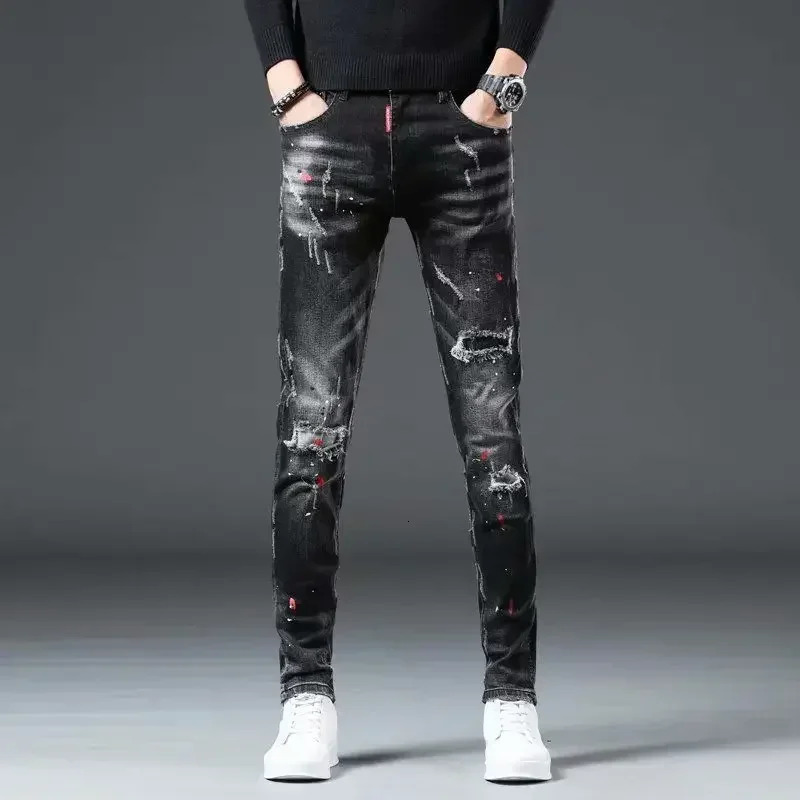 Mens jeans torn and broken Trouser with printed mens jeans tight fitting tube Grunge Y2k hole tight fitting patch suitable for tearing Xs 241108