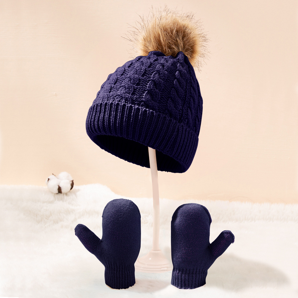 Winter Hat Gloves Suit Children Boys Girls Caps Pompom Ball Keep Warm Knitted Beanies and Mittens Solid Color for 0-3 Years Kids
