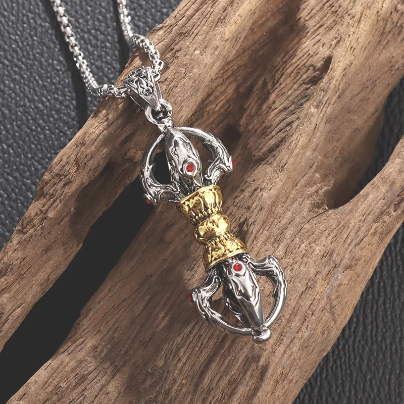 Vajra Tibetan Handle Pendant Necklace Men's Retro Ethnic Style Buddhist Amulet Pendant Classic Personality Trend Prayer Gift