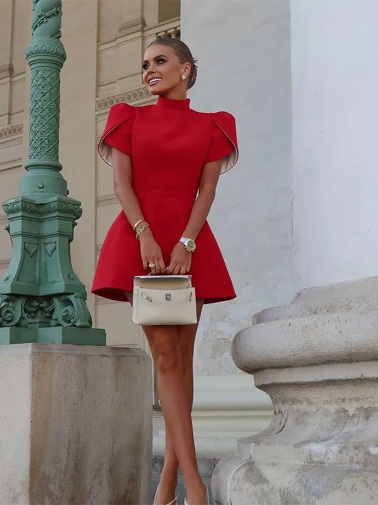Fashionable red half neck backless womens mini dress elegant pearl bow single chest vest party womens dress 241107