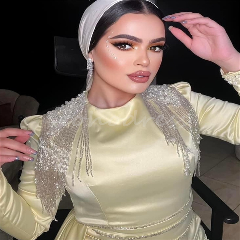 Stunning Yellow Arabic Evening Dresses With Tassle Beaded Elegant Long Sleeve Muslim Prom Dress Birthday Party Gown Amazing Vestio De Gala Cocktail We