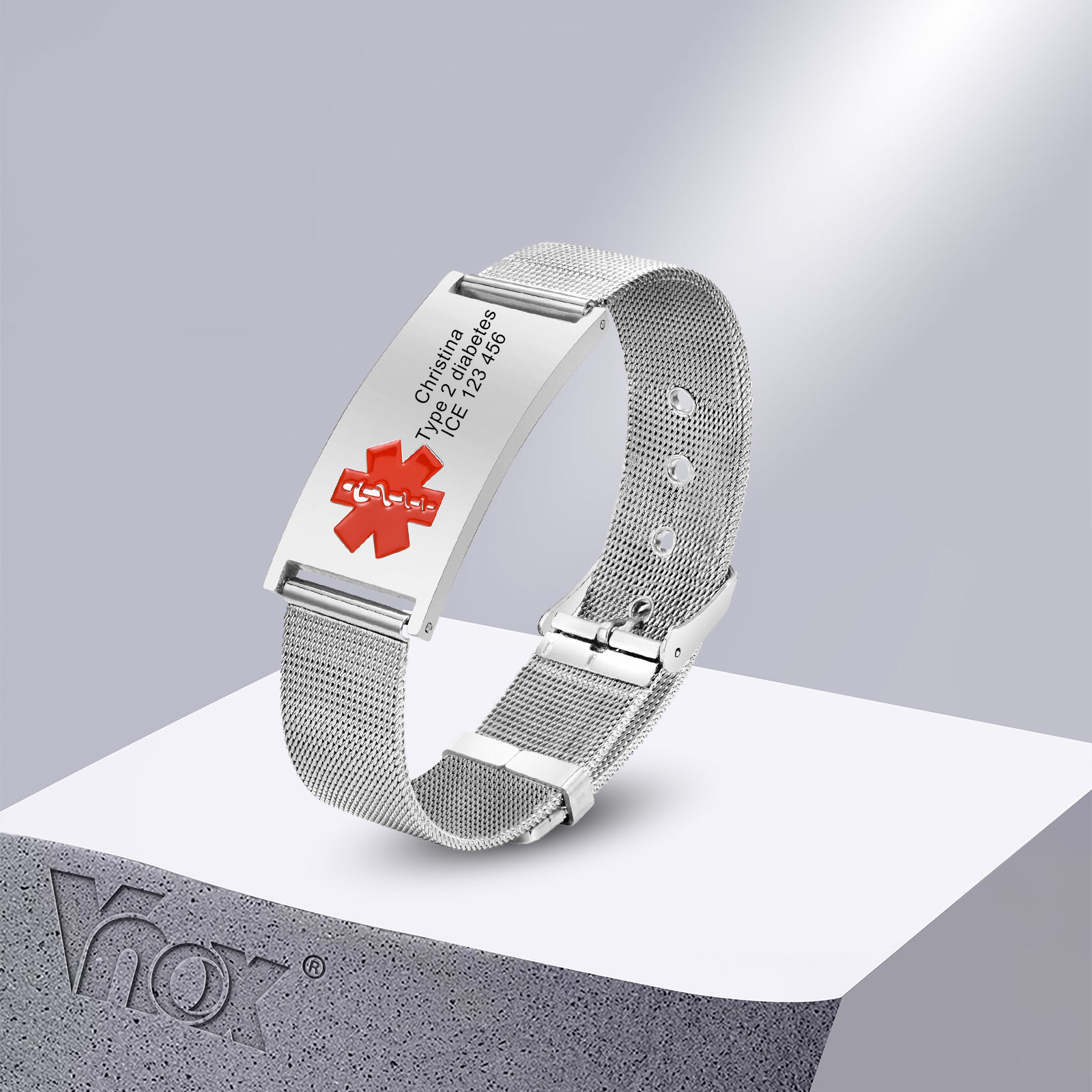 Vnox mm Medical Alert ID Bracelets Men Women Mesh Band Bracelet Free Engrave SOS Emergency Contact Bangle 5