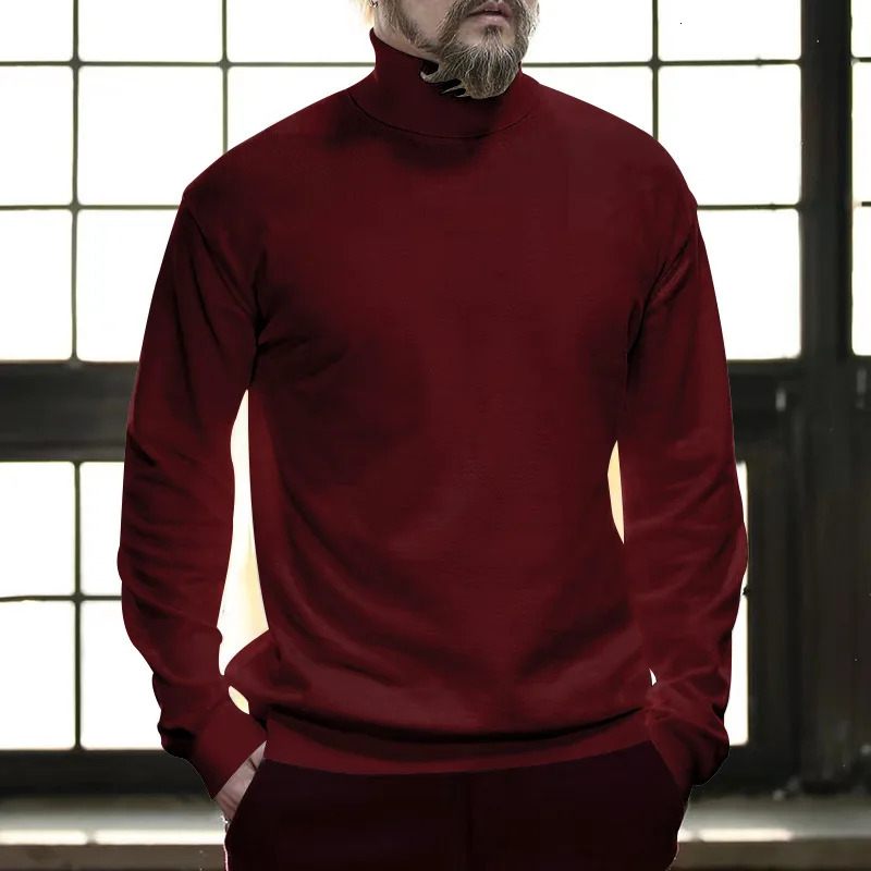 Mens Wine Red Turtleneck Sweater Autumn Winter Cotton Half Casual Solid Color Bottoming Hombre 241111