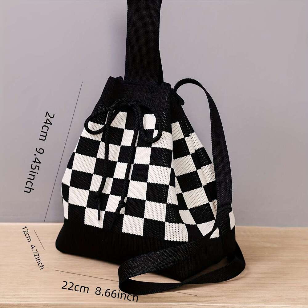 Fashion 2024 Stylish Checkerboard Knitted Shoulder Bucket Bag - Crossbody Bags with Classic Drawstring Design, Adjustable Straps, and Spacious Interio