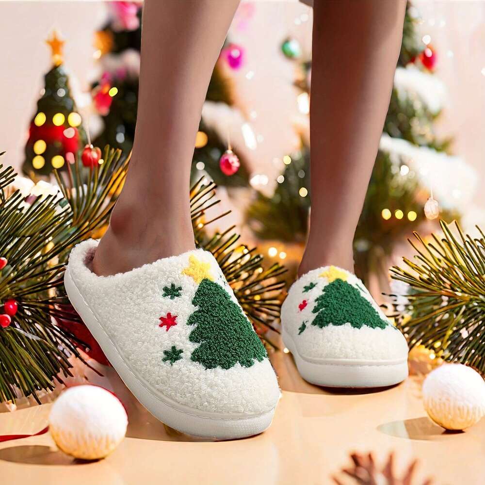Christmas Glam Style Christmas Tree Women Men Cozy Plush Indoor Slippers with Insole, TPR Sole, and Fabric Upper - Hand Washable, All-Season Winter Co