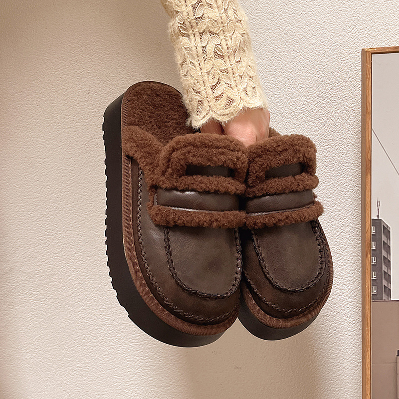 Women's Slippers:Winter Fleece Warm Thick Sole Outdoor Wear 2024 New Fashion Versatile Comfort,Black/Brown,Free shipping