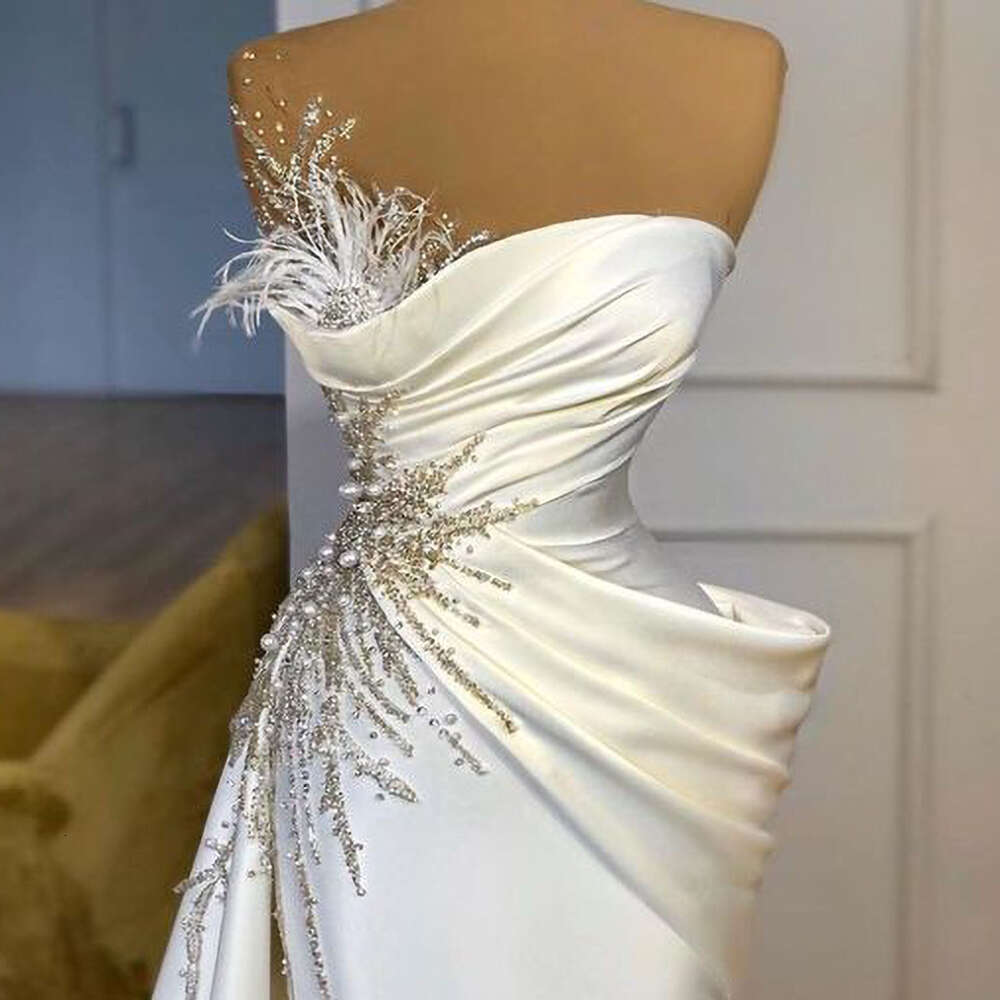 STEVDITG Fashion Pearls White Wedding Strapless Sleeveless Beading Feather Floor Length Mermaid Gowns Bride Dress