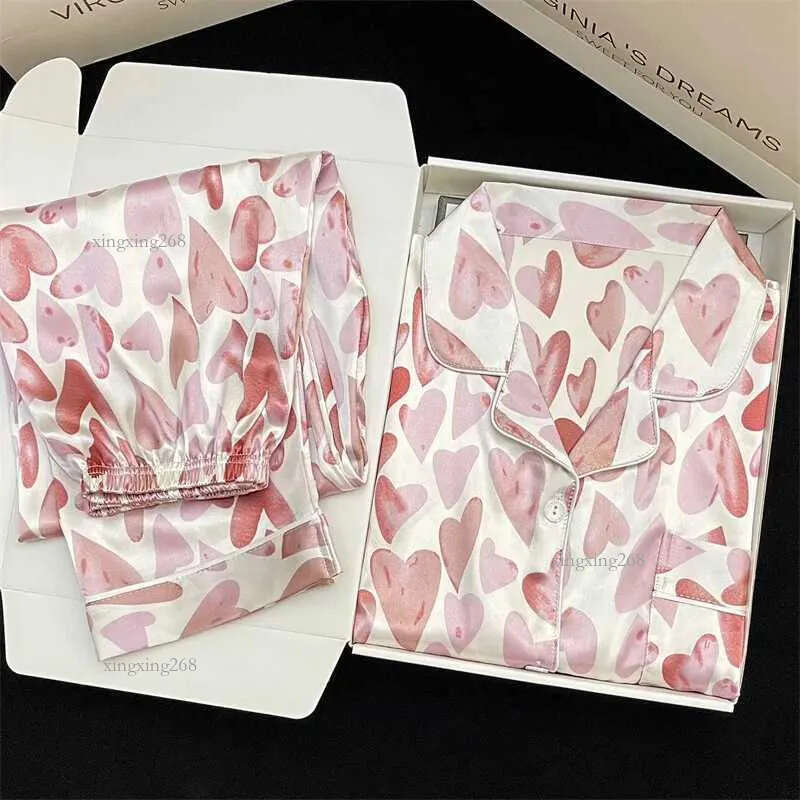 Women's Sleepwear Womens Pajamas Sets Spring Autumn 2 Piece Print Heart Pyjama Faux Silk Satin Sleepwear Long Sleeve Pijama Mujer Pjs Homewear Q5