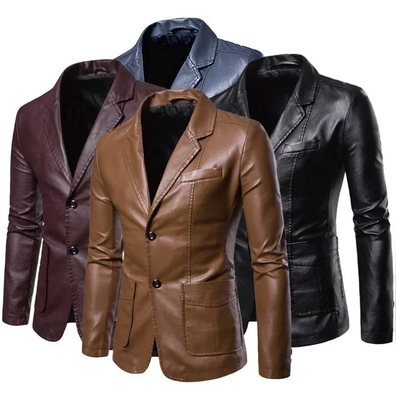 2024 Men Slim Autumn Causal Vintage Leather Jacket Coat Design Motorcycle Biker Zipper Pocket PU 241108