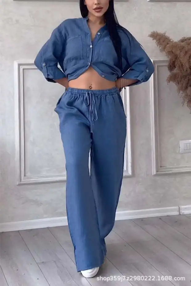 Elegant Women Linen 2 Piece Set Long Sleeve Shirt Wide Leg Pants Plain Color Loungewear Fall Winter Two Piece Matching Outfits 241111