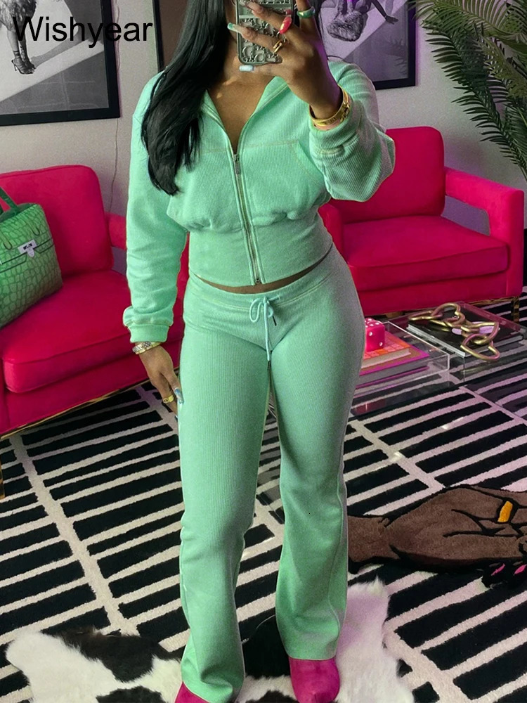 Tracksuits Women Sales Fall Winter Waffle Knit Two 2 Pieces Set Sweatshirts Jacket and Flared Pants Street Sports Workout Outfit 241111