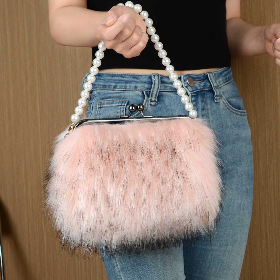 high-end cute faux fur tote bag for women, plush fashionable versatile pearl handbag 241115