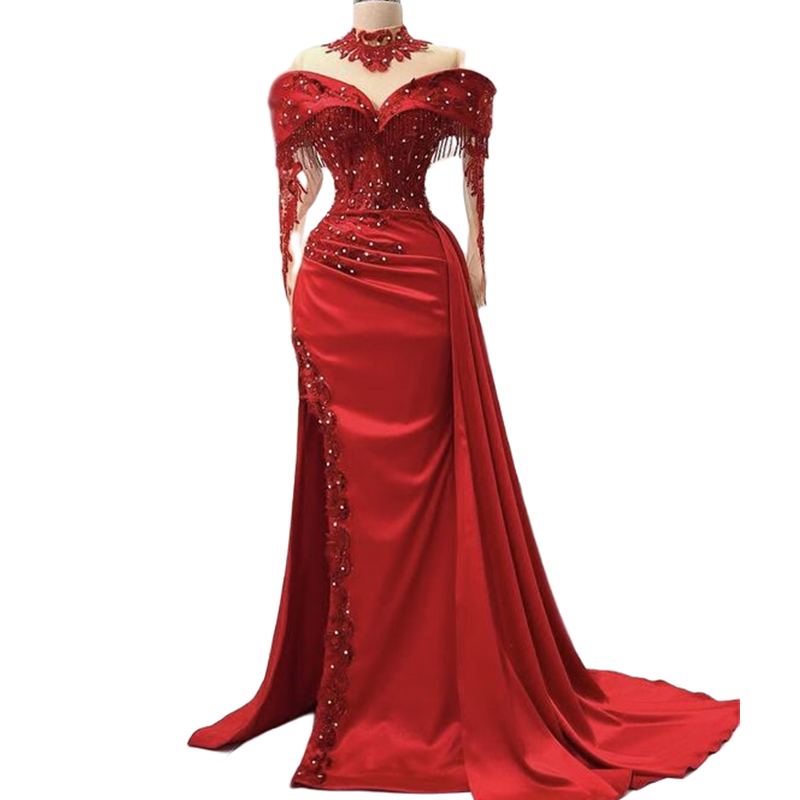 Sexy Side Slit Long Prom Dresses With Detachable Skirt Lace Appliques Beaded Off The Shoulder Dark Red Evening Gown For Women Pageant Party Special Oc