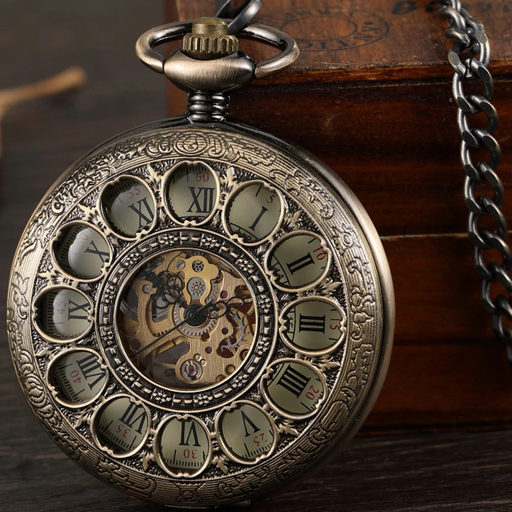Roman numeral mechanical pocket watch carved silver case steampunk skeleton watch mens Fob chain watch 241108
