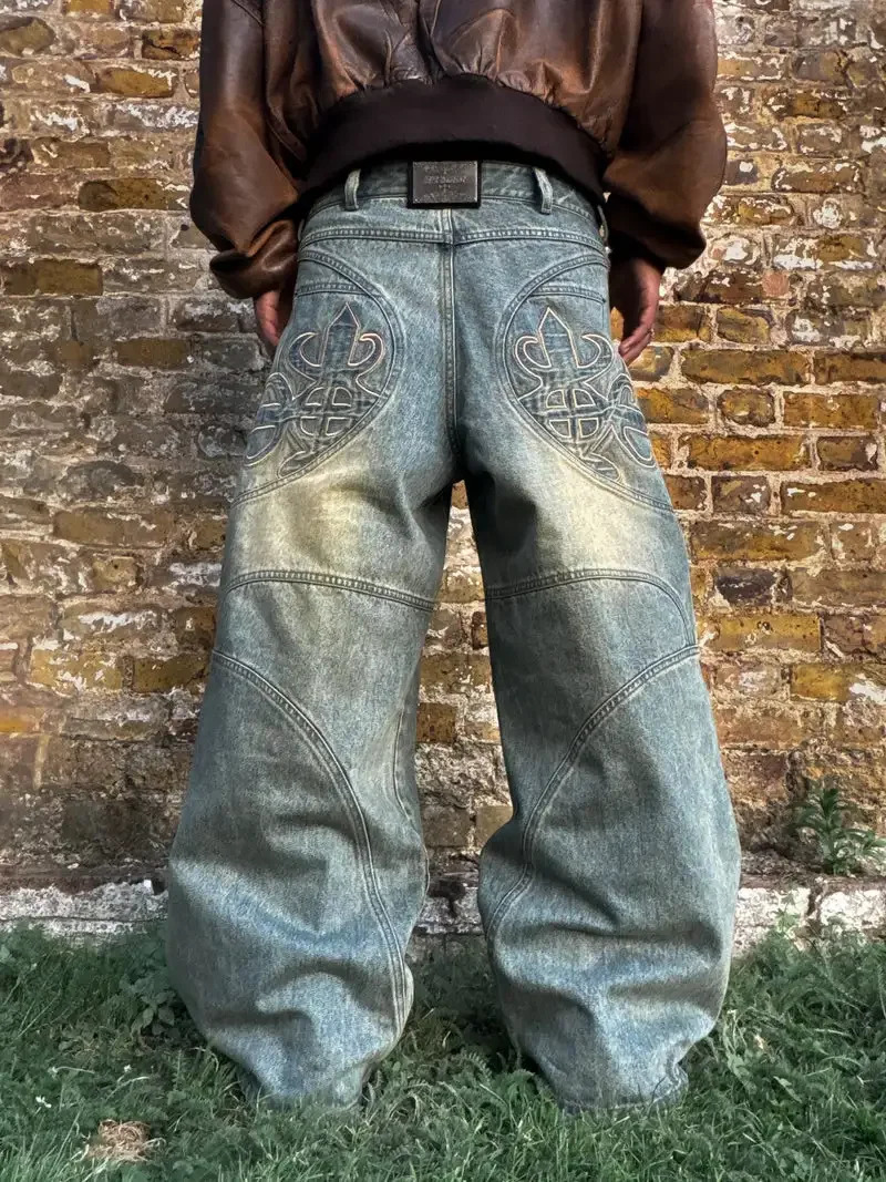 Streetwear Retro Bagged Jeans Mens Gothic Hip Hop Personality Harajuku Fashion Laundry Blue Straight Pants Y2K Wide Leg Mens Style 241108