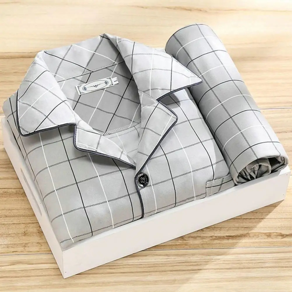 Comfy Milk Silk Loungewear Stylish Mens Fall Winter Pajama Set Striped Plaid Print Color Matching Lapel Singlebreasted Long 241111